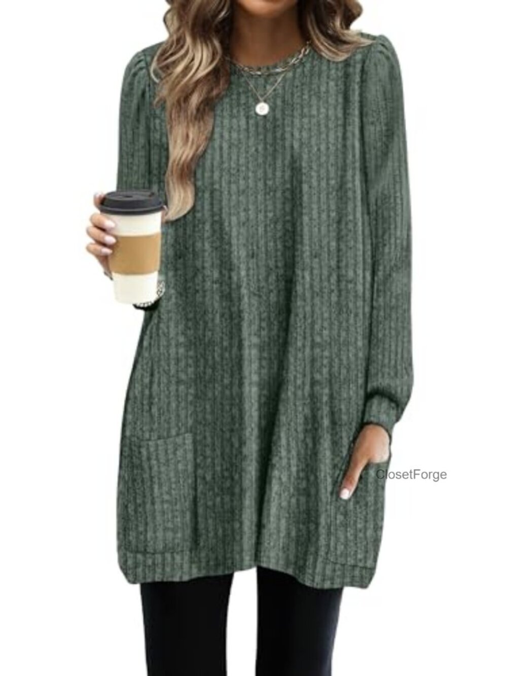 Women's Long Sleeve Tunic Sweater with Pockets, Loose Fit, Crew Neck,